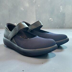 Alegria Navy Knit & Faux Leather Mary Jane Sneakers Size 38 Flats Comfort Shoes